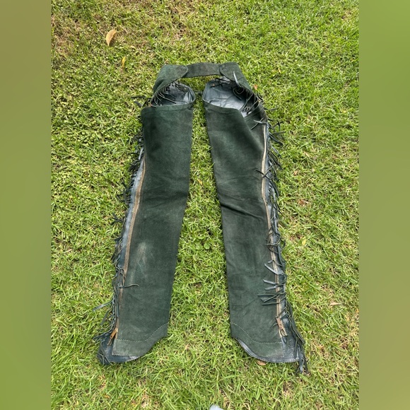 60s-70s Vintage Green Suede Chaps - Picture 2 of 15